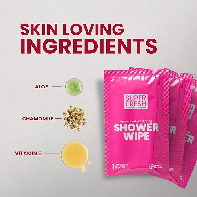 Super Fresh Shower Body Wipes, Travel Essentials for Camping, Large Rosewater Wipes for Adults, Women, Men, Kids Personal Hygiene Cloth Enriched with Aloe and Vitamin E, Individually Wrapped 10 Pack