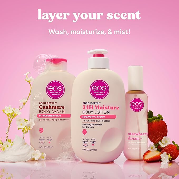 eos Cashmere Body Wash – Strawberry Dreams, Moisturizing Body Wash, Creamy Gel Formula, with Shea Butter, Glycerin, Vitamin E, pH Balanced, Sensitive Skin, Vegan, 16 fl oz