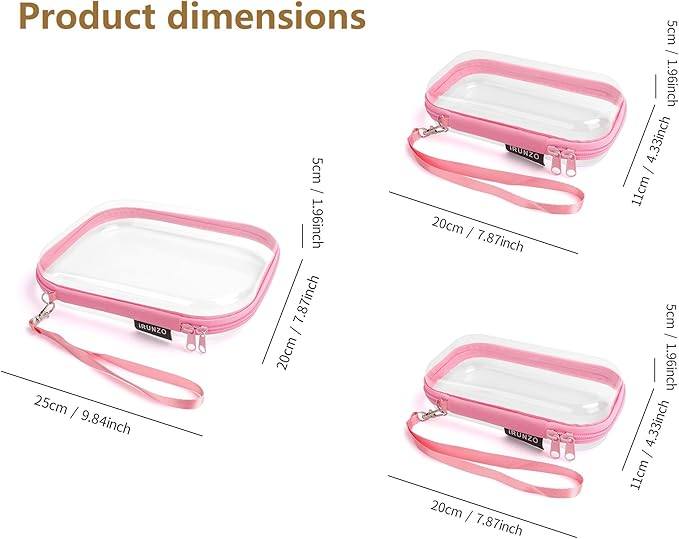 iRUNZO 3 PCS Clear Hard Shell Zipper Case With Handle Strap，Clear Plastic Waterproof Cosmetic Makeup Bags Toiletry Pouches for Travel With Double Zipper，Kid's Toy Storage Organizer Bins Box