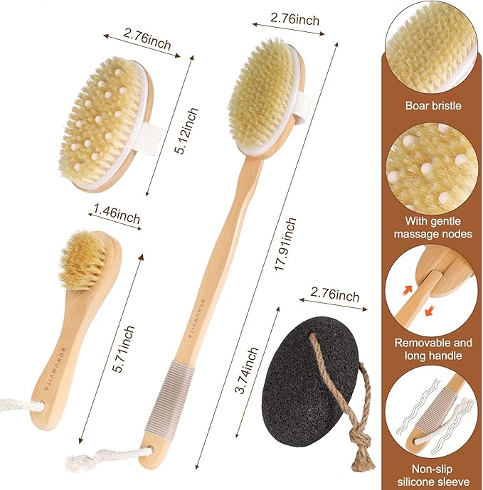 BONUMVITA Dry Brushing Body Brush Set- Wooden Long Handle Body Brush Set with Pumice Stone & Face Brush, Boar Bristle Body Bath Scrubber Brush for Lymphatic Drainage & Cellulite, Detachable