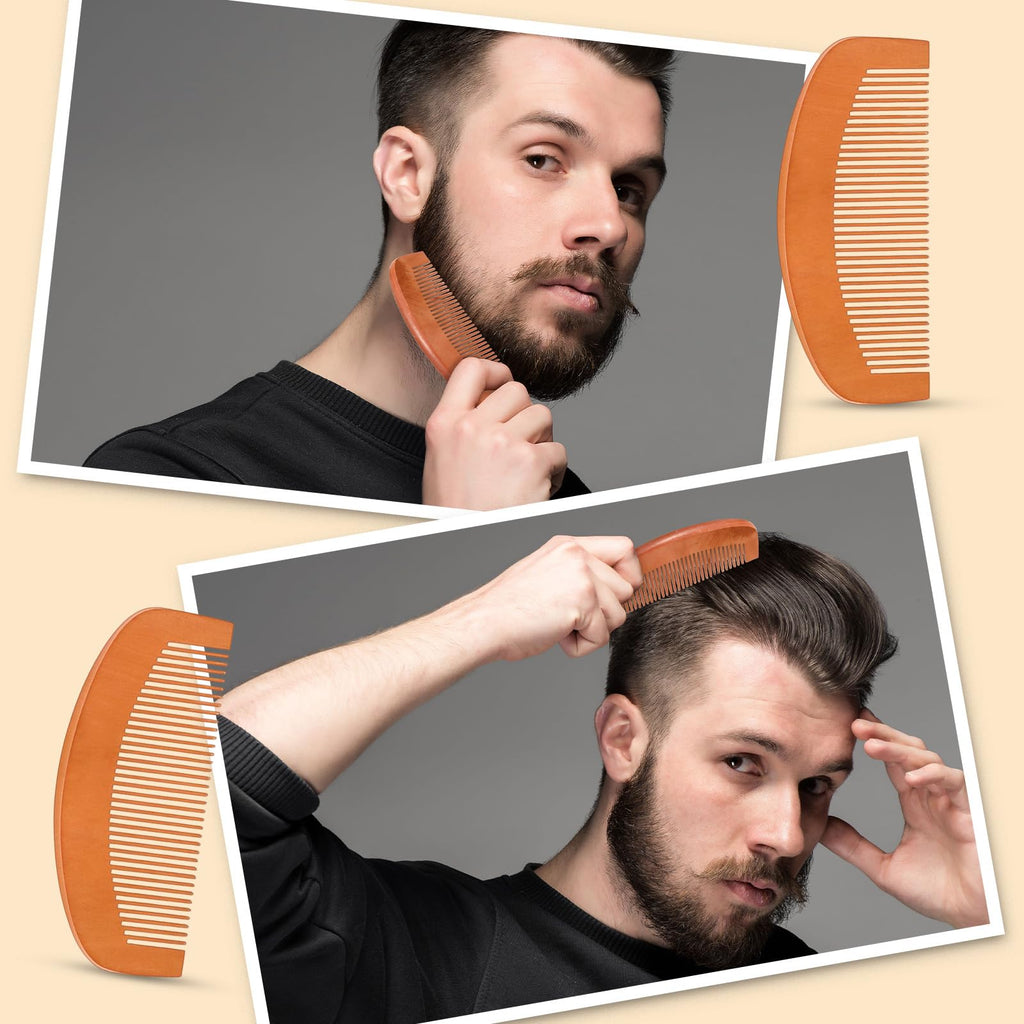 10 Sets Natural Boar Bristle Brush, Pear Wood Dual Sided Wide Tooth Comb with Travel Pouch - Beard Grooming Kit for Men's Beard Care, Valentine Gift (Long Handle)