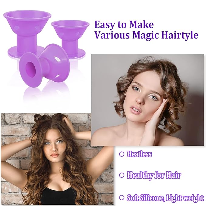 JANYUN 40 Pcs Purple Magic Hair Rollers Include 20pcs Large Sleeping Silicone Curlers 20pcs Heatless Small Hair Curlers (Purple)