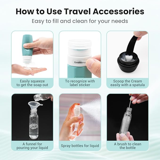 Ruinovate 17 Pack Travel Bottles - TSA Approved Travel Size Toiletries, Leak Proof Containers for Toiletries, Silicone Squeezable Container for Shampoo, Body Wash, Lotion & Conditioner - Blue