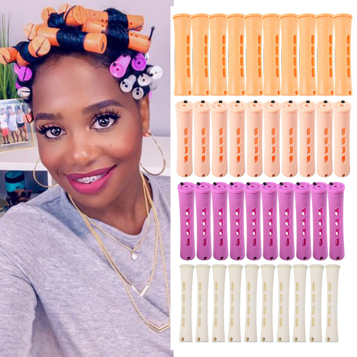 40pcs Perm Rods Set for Natural Hair 4 Sizes Cold Wave Rods Hair Rollers for Women Curling Rods for Long Medium Small Hair Curler Styling DIY Hairdressing Tools（Orange+Beige+Purple+white）