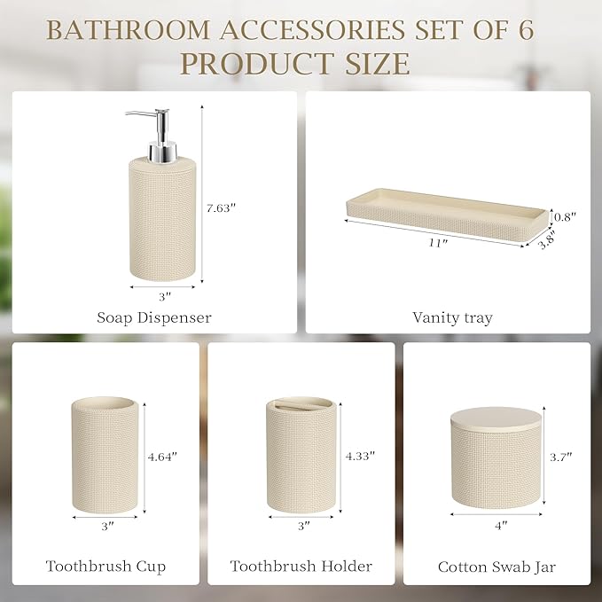 InnJoey 6-Piece Beige Bathroom Set - Mesh Textured Resin Bathroom Accessories Set with Soap Dispenser, Toothbrush Holder, Cup, Vanity Tray & Apothecary Jars for Small Spaces