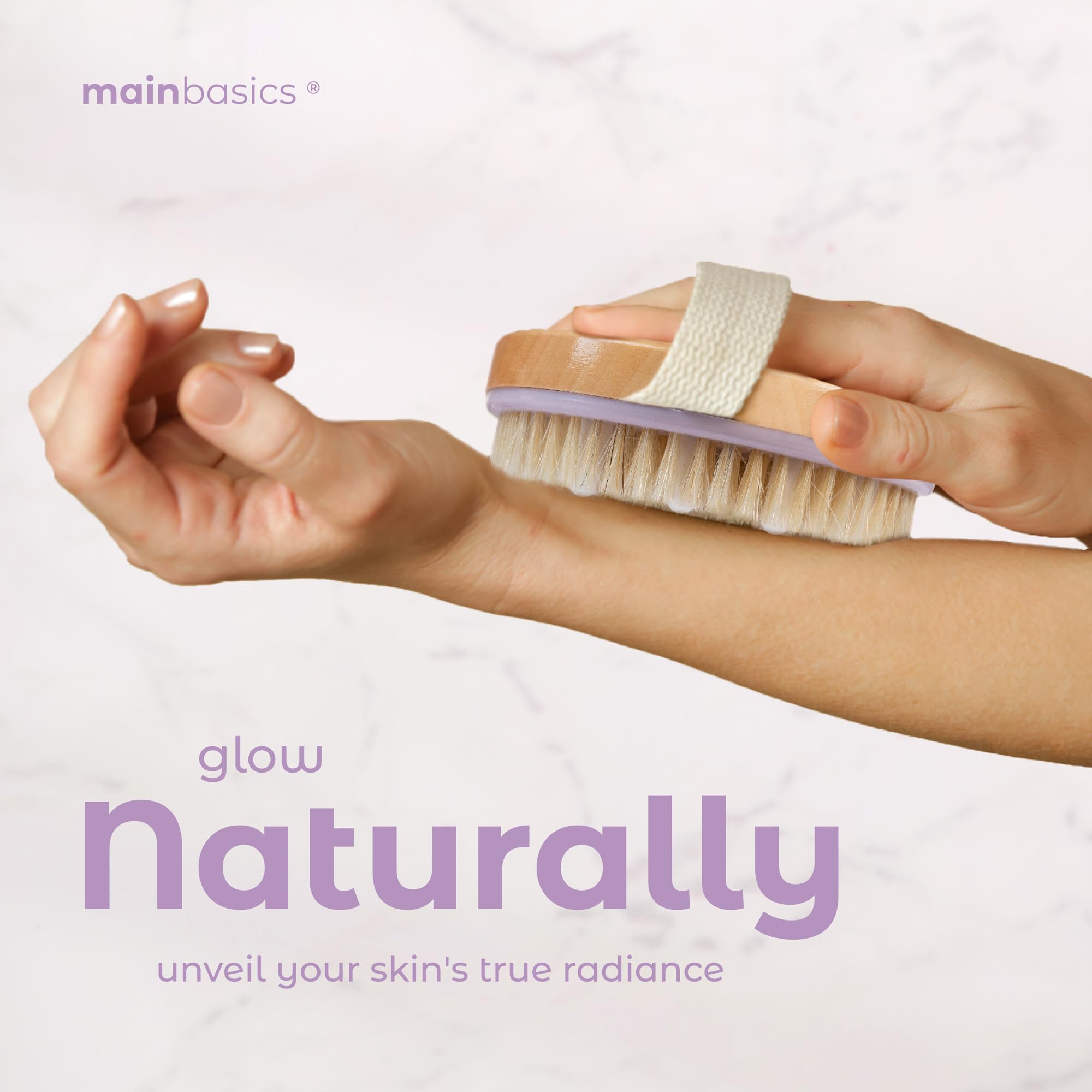 MainBasics Dry Brushing Body Brush for Lymphatic Drainage, Dry Skin, Cellulite, Blood Circulation with Exfoliating Natural Bristles and Massage Nodes for Flawless Skin