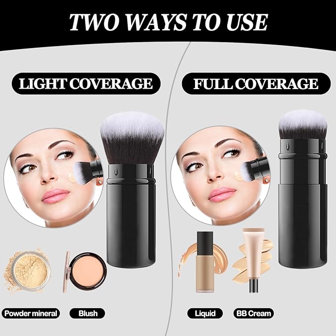 Falliny Retractable Airbrush Kabuki Brush, Travel Powder Foundation Professional Blush Makeup Brushes With Aluminum Handle for Liquid, Cream, Cosmetics, Loose Powder