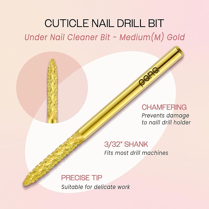 PANA 3/32" Carbide Cuticle Nail Drill Bit for Cuticle Cleaning, Dead Skin Removal, Gel Polish & Acrylic Removal, Under Nail Cleaner, Nail Salon, Manicure Tools (UNC - Gold, Medium)