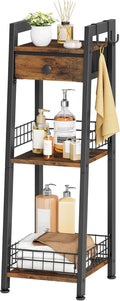 3-Tier Narrow Ladder Shelf with Drawer, Bathroom Table Stand for Small Space, Narrow Bathroom Standing Shelves with Storage for Living Room Bedroom Kitchen, Organizer Shelf, Rustic Brown