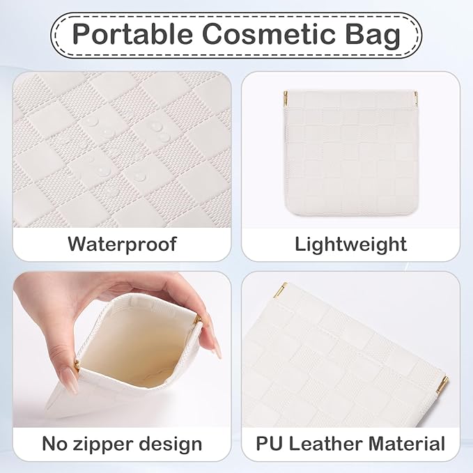 Sightor 2PCS Small Makeup Bag for Purse, Mini Cosmetic Bag Waterproof Pouch for Women, Checkered Purse Self-closing Coin Lipstick Small Leather Cosmetic Pouch (Black, White)