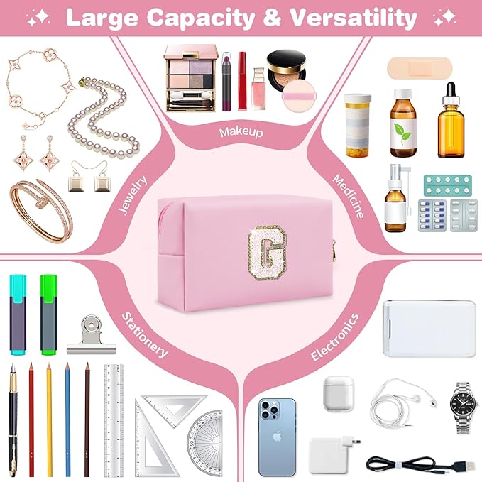 Small Personalized Initial A-Z Patch Makeup Bag,Pink Cute PU Leather Glitter Letter Cosmetic Bag for Teen Girls,Travel Toiletry Bag with Zipper,Preppy Monogrammed Birthday Gift for Daughter Niece G