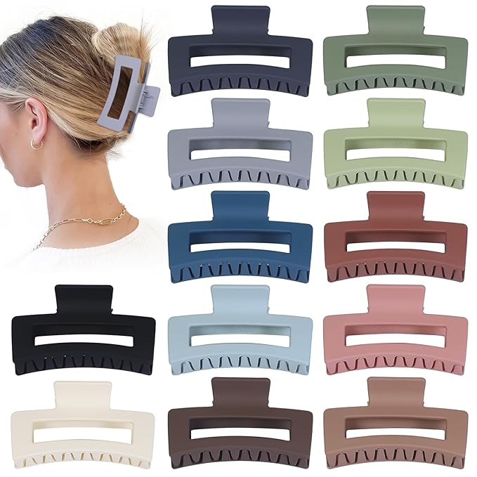 Sisiaipu Hair Accessories - 12 Pcs 3.5 Inch Square Rectangle Jaw Clips for Women and Girls, Multicolor, Thick and Thin Hair