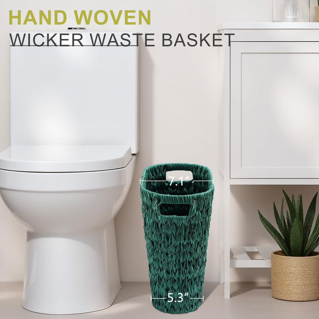 XLHOMO Dark Green Bathroom Accessories Set with Wicker Trash Can Shower Curtain and Rugs,Bathroom Sets Small Waste Basket Bathroom Trash Can for Bedroom Bathroom