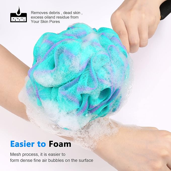 FORENEE Green and Purple Loofah on a Stick, PE Mesh Back Scrubber