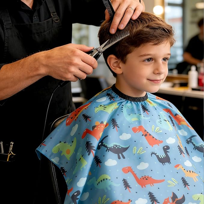 Gealaek Kids Haircut Cape and Neck Duster Brush Set with Dinosaur Pattern Kids Barber Cape 55x40 Inches for Boys & Girls Salon Cape Kit (Blue)