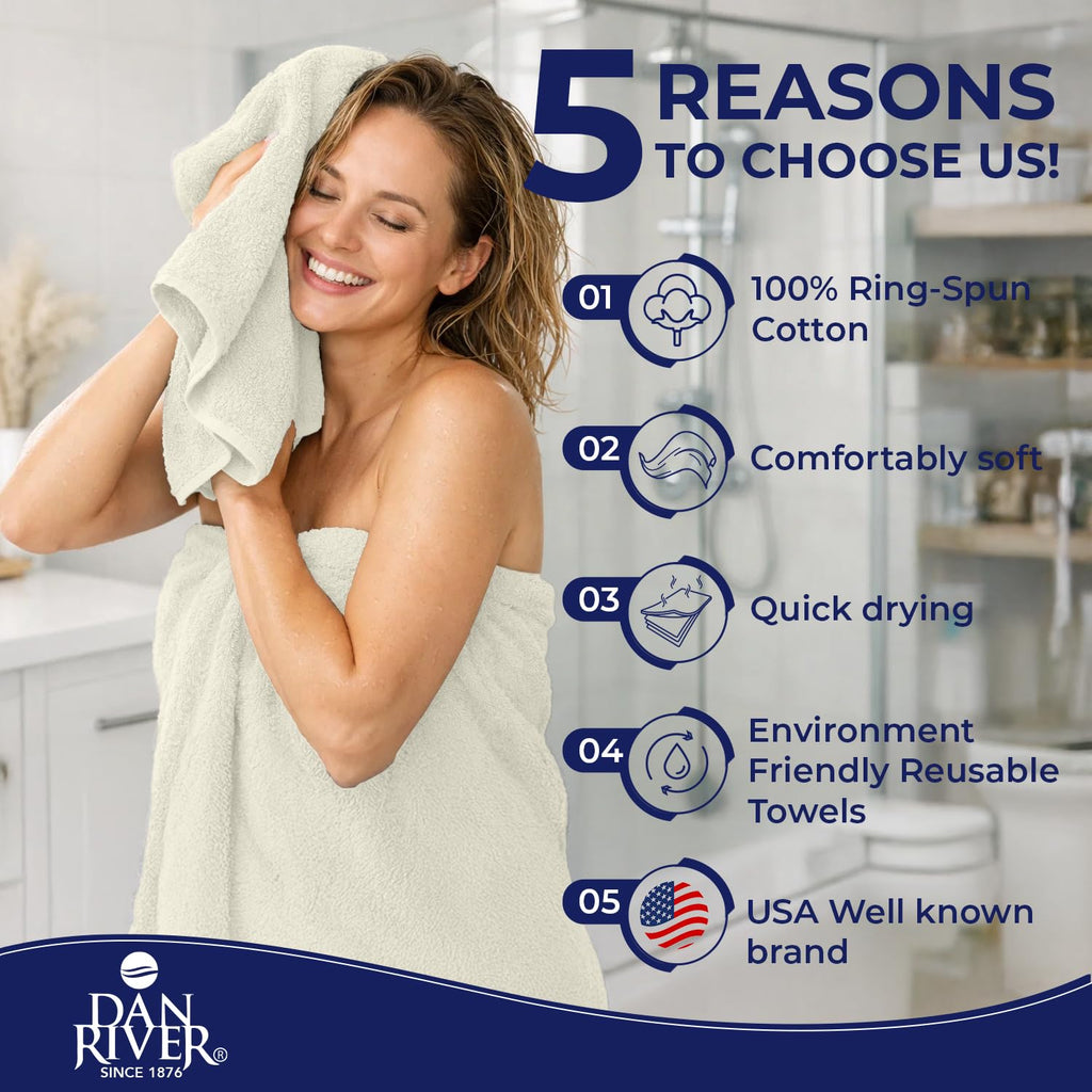 DAN RIVER 8 Piece Luxury Bath Towels for Bathroom, Towel Set, Ivory
