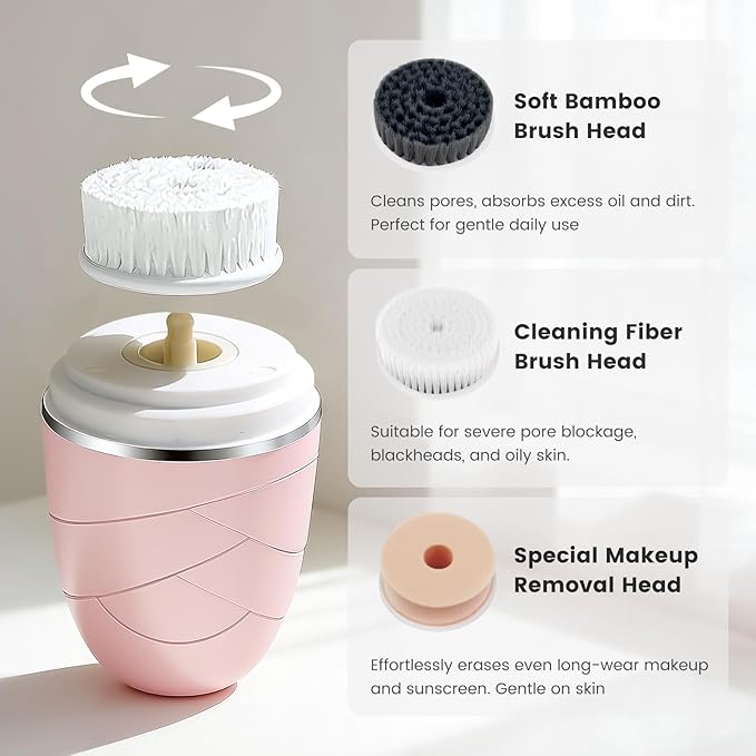 DOCOCO Facial Cleansing Brush, Mini Electric Face Scrubber, Waterproof Face Exfoliator Brush for Deep Cleansing, Portable Face Wash Brush for Travel, Easy to Carry, with 3 Brushheads for Women Mom Men