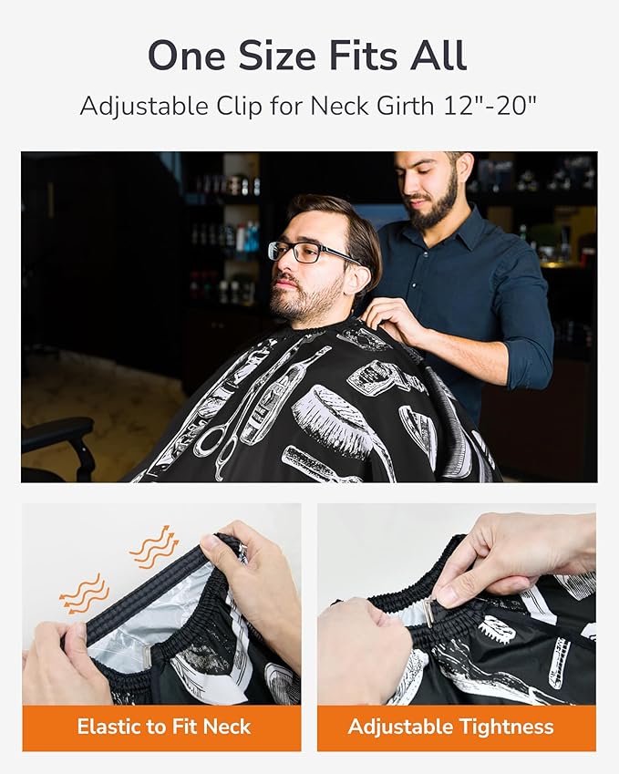 ULG Professional Hair Cutting Cape with Neck Duster Brush Waterproof Extra Large Size Salon Barber Cape Haircut Cape for Men Women and Kids, 57”×72” Full Body Coverage, Black with White Printing