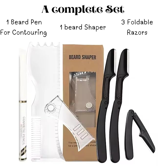 Sasha Square Adjustable Beard Shaper Template For Men- Kit With Flexible Beard Stencils, Barber Pencil & 3 Pcs Foldable Facial Razors, Style Beard As Per Your Face Shape (Beard Shaper - Transparent)