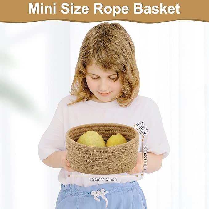 【2 Pack】ABenkle Small Woven Baskets, Tiny Oval Shallow Storage Baskets, Mini Cotton Rope Empty Decorative Basket, Boho Little Organizer Bins for Bathroom, Cat Dog Toy Gifts Baskets