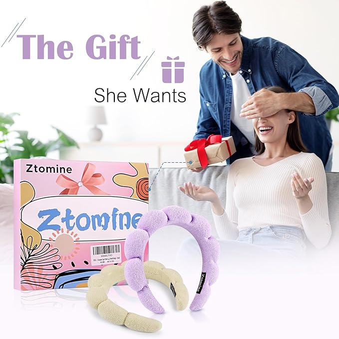 Ztomine Spa Headbands, Set of 2, Terry Cloth Headband for Washing Face or Facial, Puffy Makeup Headbands for Face Washing, Mask, Beige + Purple (1 Beige & 1 Purple Combo Pack)