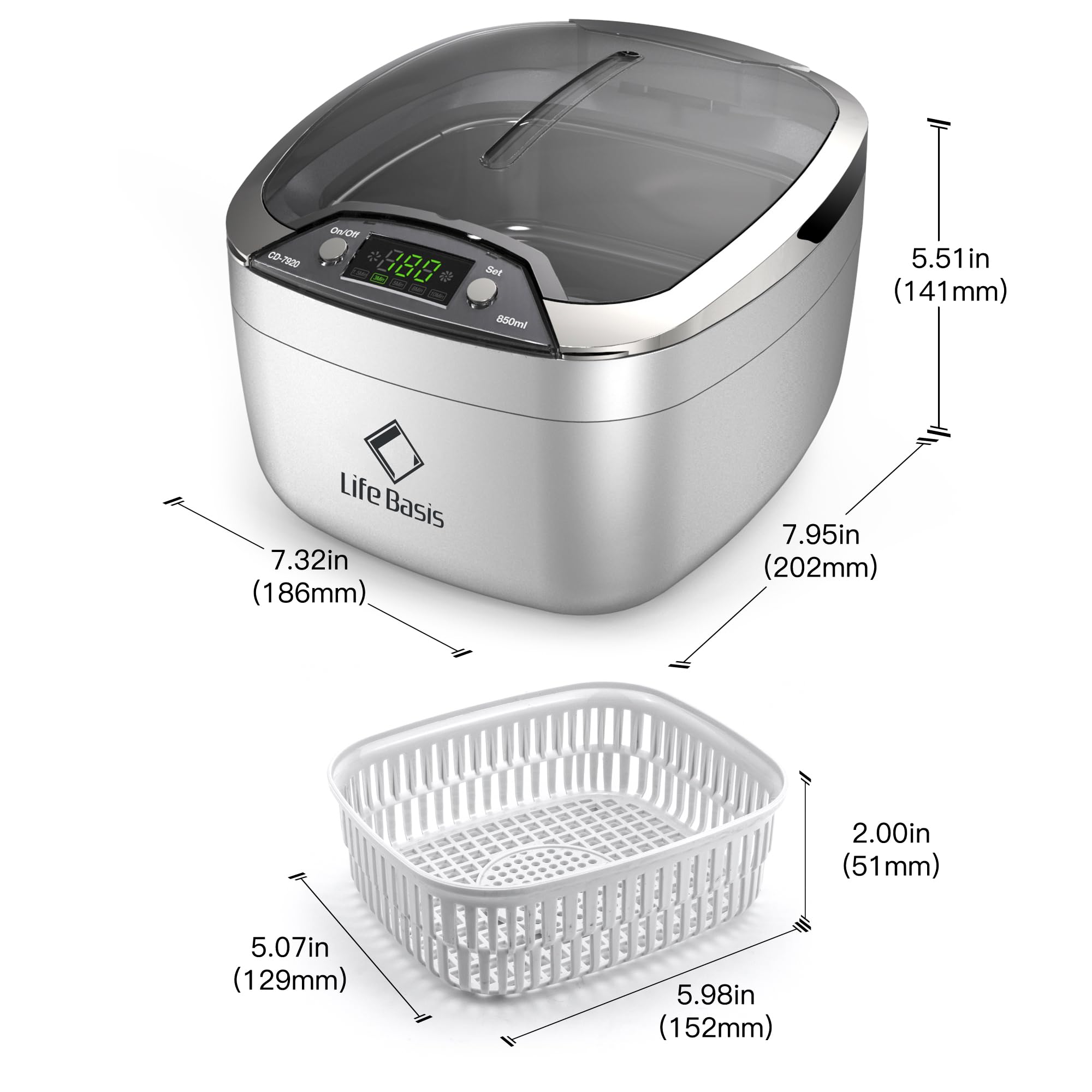 LifeBasis 28oz Professional Ultrasonic Cleaner, 42kHz Jewelry Cleaner