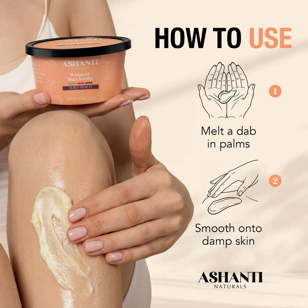 Ashanti Naturals Scented Whipped Shea Butter for Skin | African Body Butter for Women w/Coconut, Almond Oil (Juicy Peach Souffle, 8 oz)