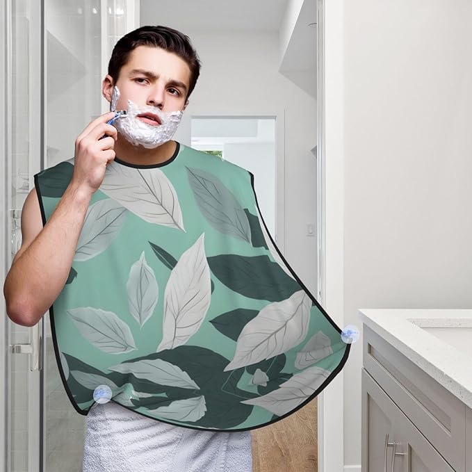 Mint Gray Leaves Print Beard Bib Apron For Men, Beard Hair Catcher For Men Shaving Trimming,Beard Cape Cloth