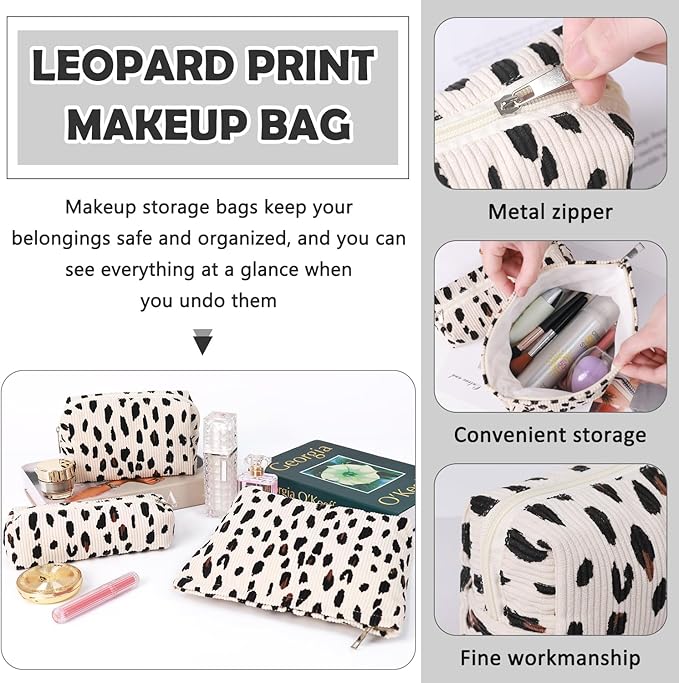 Gocvo 3 Pcs Makeup Bag Cosmetic Bag Set for Girls Women Travel Organizer Bathroom Toiletry Pouch Large Capacity Storage Bag (Leopard Beige)