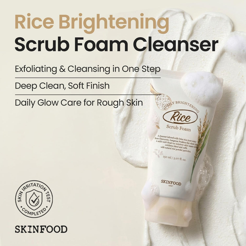 SKINFOOD Rice Daily Scrub Foam, Facial Cleanser with Face Scrub, Face Wash Fermented White Rice Bran Water, Gentle Exfoliating For Men and Women (150ml, 5.07 fl. oz.)
