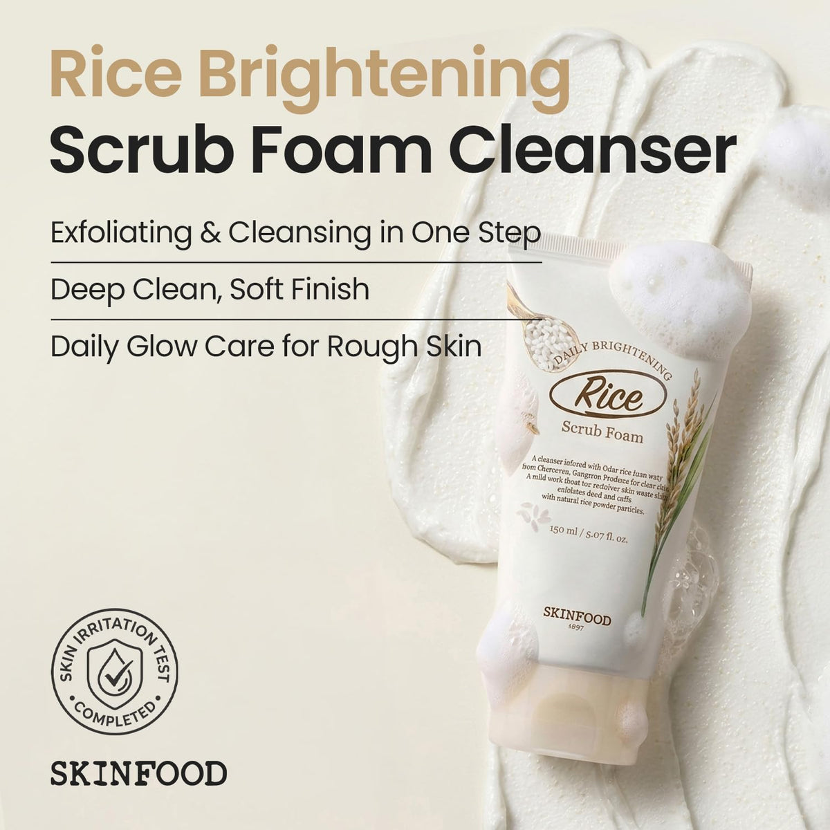 SKINFOOD Rice Daily Scrub Foam, Facial Cleanser with Face Scrub, Face Wash Fermented White Rice Bran Water, Gentle Exfoliating For Men and Women (150ml, 5.07 fl. oz.)