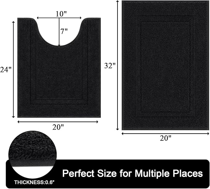 SHACOS Black Bathroom Rugs Set of 2 Pieces with U Shaped Toilet Rug Soft Absorbent Bath Mats Non Slip Washable Bathroom Mats 20"x24"+20"x32"