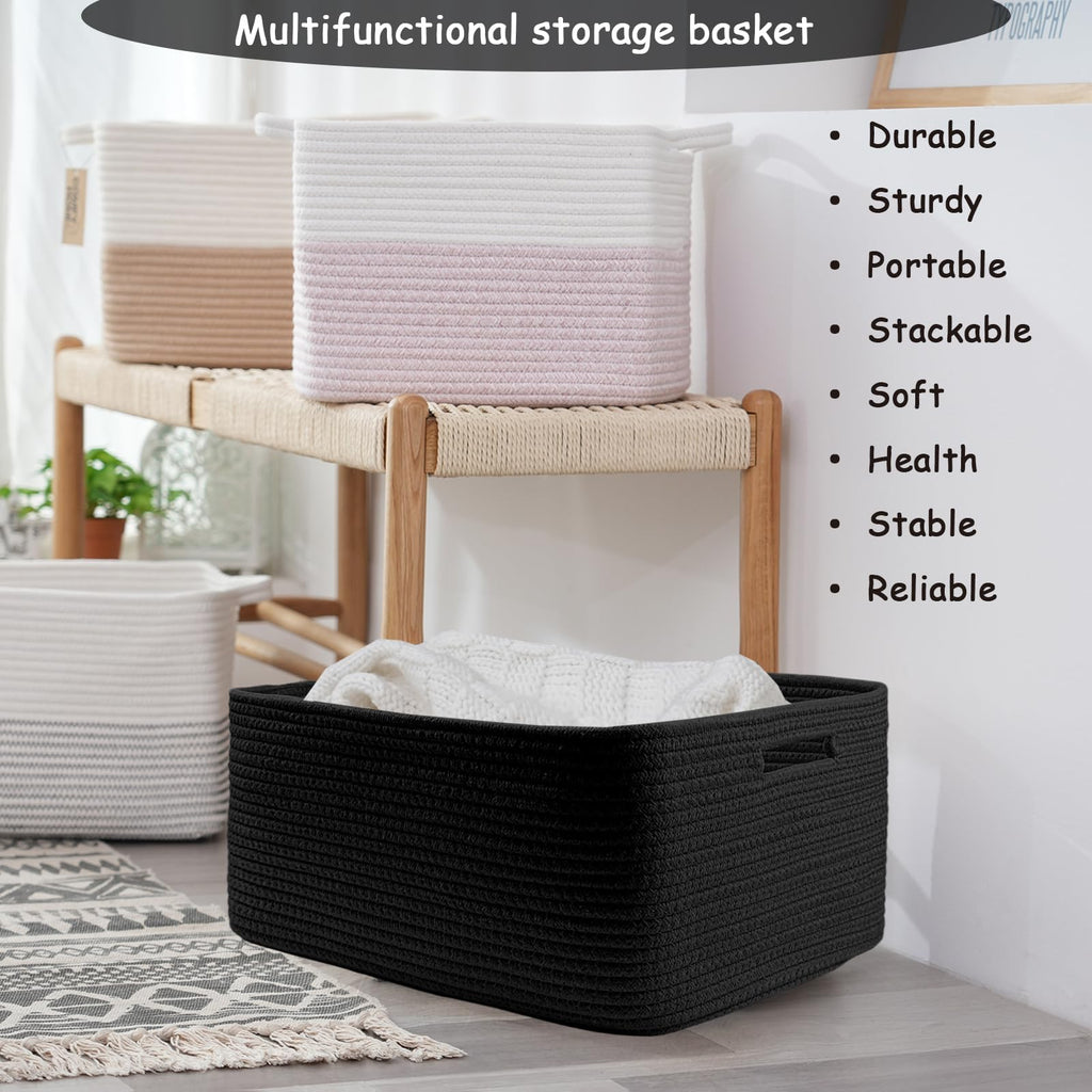 COMFY-HOMI Cotton Rope Woven Basket with Handles for Shelves,Toys,Book, Cloth Storage Baskets Bin for Organizing- 1 PCSToy Decorative Organizer for Living Room, Bathroom 17" x 13" x 7.5"