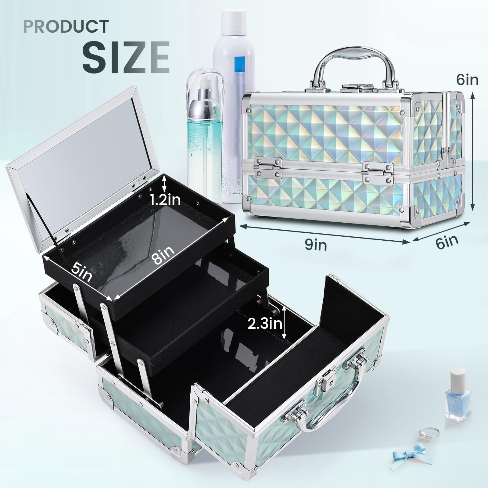 FRENESSA Makeup Case Portable Makeup Box Organizer Travel Cosmetic Case Storage with Mirror Locking Make Up Cases Organizers and Storage for Girls Nail Supplies Cosmetology Case Vanity Case Blue