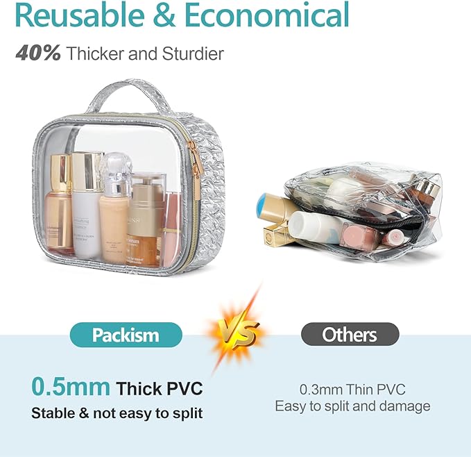 PACKISM 2 Pack Clear Makeup Bag Set (1 Large 1 Medium) - Foldable TSA Approved Toiletry Bag for Carry-on & Checked Luggage, Water Resistant Car Storage Organizer, Silver