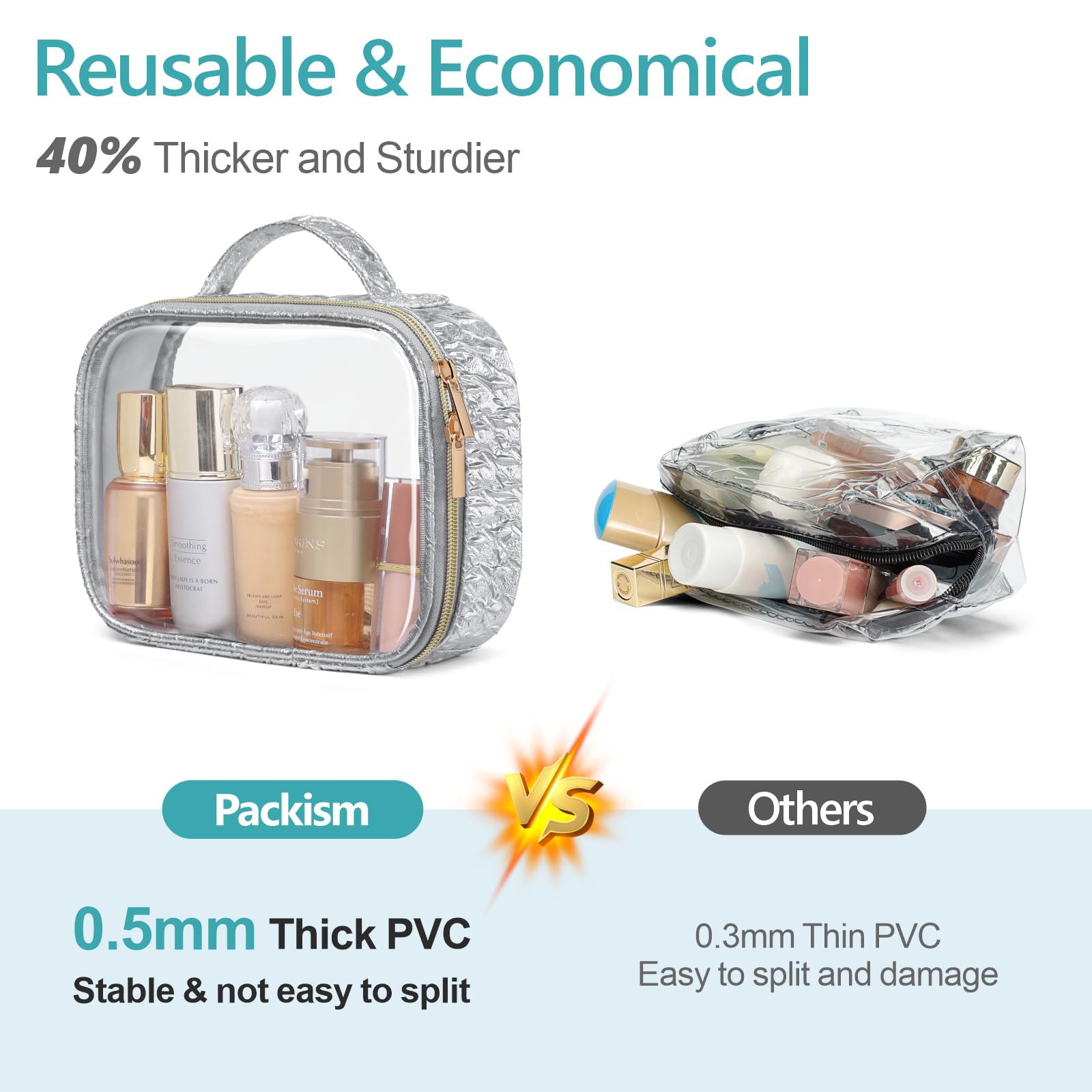 PACKISM 2 Pack Clear Makeup Bag Set (1 Large 1 Medium) - Foldable TSA Approved Toiletry Bag for Carry-on & Checked Luggage, Water Resistant Car Storage Organizer, Silver