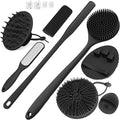 Manmihealth Silicone Back Scrubber & Soft Shower Brush, Silicone Scalp Massager, Toe Cleaning Brush Set 8 PCS, Body Foot Scrubber & Shampoo Brush Combination, with 4 Free Hooks (Style 1 Black)