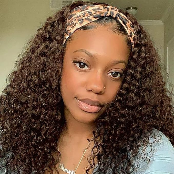 Aiterina Headband Wig Human Hair Headband Wig Deep Wave Human Hair Wigs for Black Women Glueless Human Hair Wigs Machine Made 150% Density No Lace Deep Headband Wig Chocolate Brown 24 inch