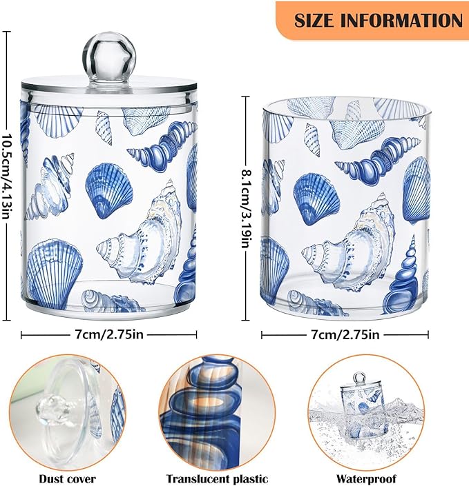 4 Pack Qtip Holder Dispenser Blue Seashells Ocean Nautical Coastal Cotton Ball Swab Round Pads Floss Clear Bathroom Storage Containers Plastic Apothecary Jars with Lids