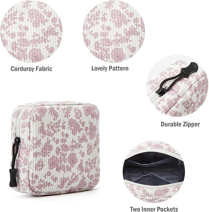 ZOEMTIU Small Makeup Bag for Purse,Mini Cosmetics Bag cute Zipper corduroy Cosmetic Pouch Storage Pouch Travel Toiletry Organizer for Women Girls(Plants Pink)