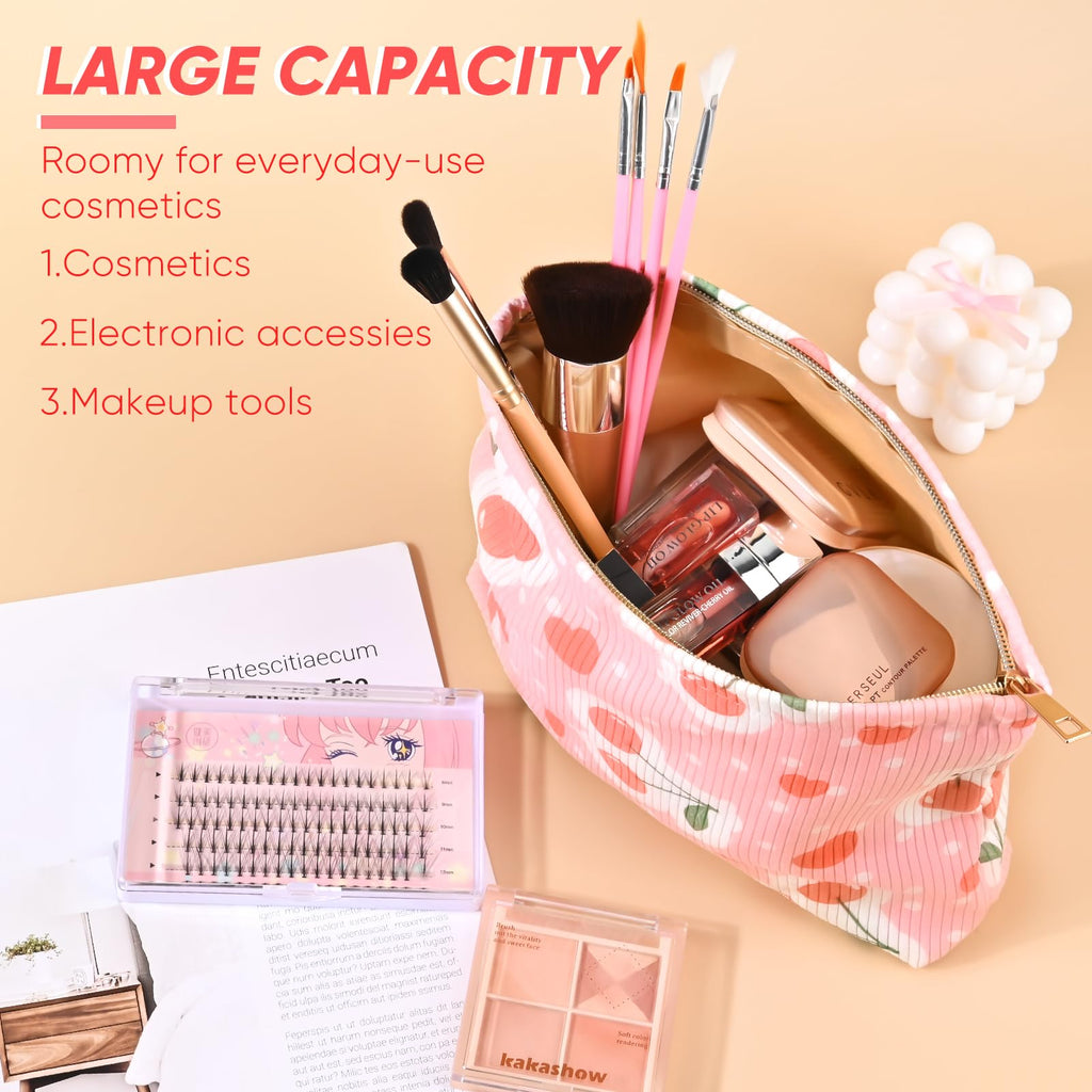 Ksriylm Cute Cherry Makeup Pouch for Women Red Heart Small Make Up Bag for Purse Zipper Initial Makeup Cosmetic Bags Pouches for Purse Aesthetic Travel Toiletry Bags, Pink Cherries Hearts