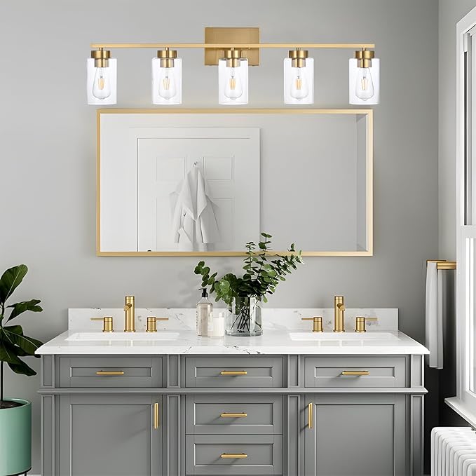 A1A9 5 Light Bathroom Vanity Light Fixtures, Brushed Brass Modern Wall Lights with Clear Glass Shade, Vintage Wall Sconce Lighting for Living Room, Mirror, Bedroom, Hallway (Gold, 5-Lights)