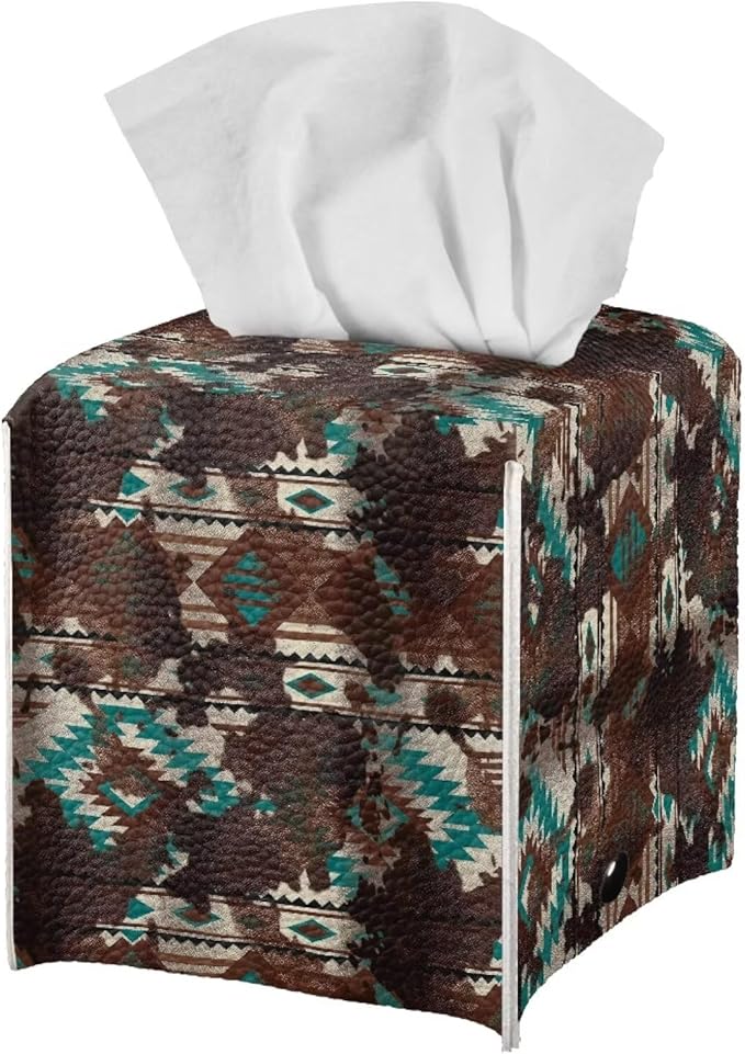 Aztec Cowhide Minimalist Tissue Box Holder, Square PU Leather Napkin Organizer with Secure Metal Button, Waterproof and Stain-Resistant Tissue Cover for Home, Kitchen, and Automotive Use