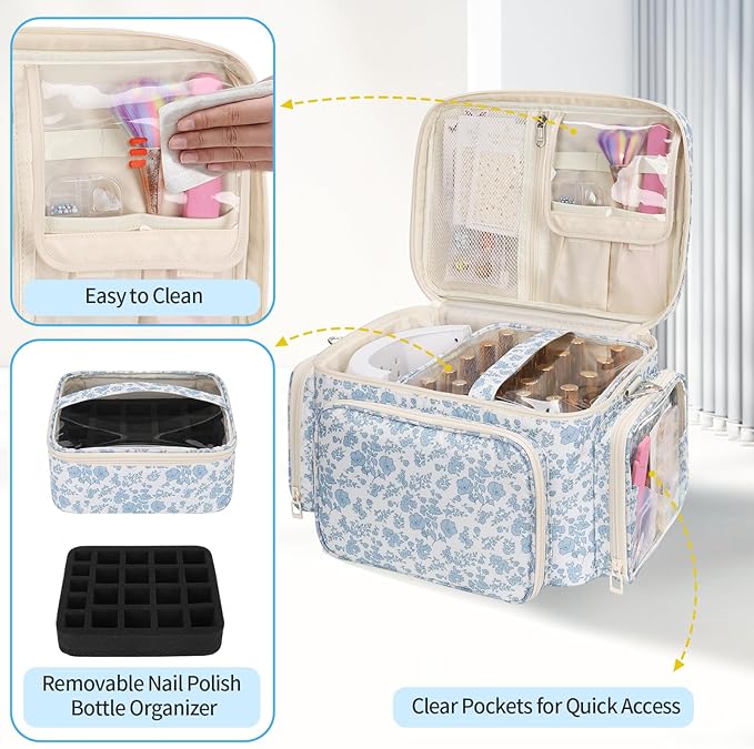 Bagmoly Nail Polish Organizer, Nail Polish Storage Holds 42+ Bottles & Nail Lamp, Portable Travel Nail Kit Storage Carrying Case Fits Nail Suppiles, Gift for Manicurist, Grils - Blue Flower