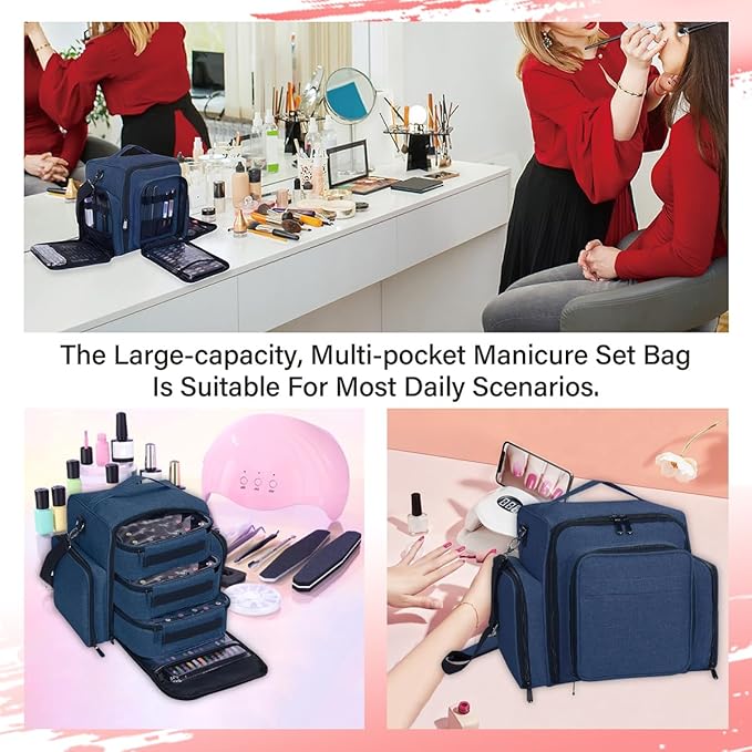 UOZL Nail Polish Organizer Case Hold 90 Bottles with 3 Detachable Bag,Blue