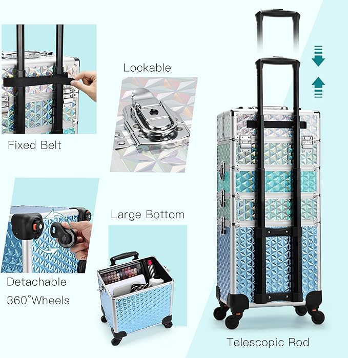 Adazzo Professional Rolling Makeup Train Case 4 in 1 Aluminum Trolley Case with 360° Rotation Wheels for Makuep Artist Cosmetic Suitcase Organizer with Lock and Key Diamond Pattern - Turquoise