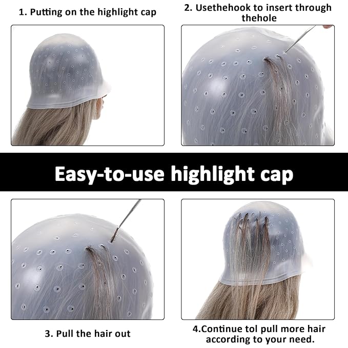 TIESOME Silicone Highlighting Cap with Needles & Brushes, Reusable Punched Hair Cap for Salon & Home Hair Coloring (with 3 Tools Set)