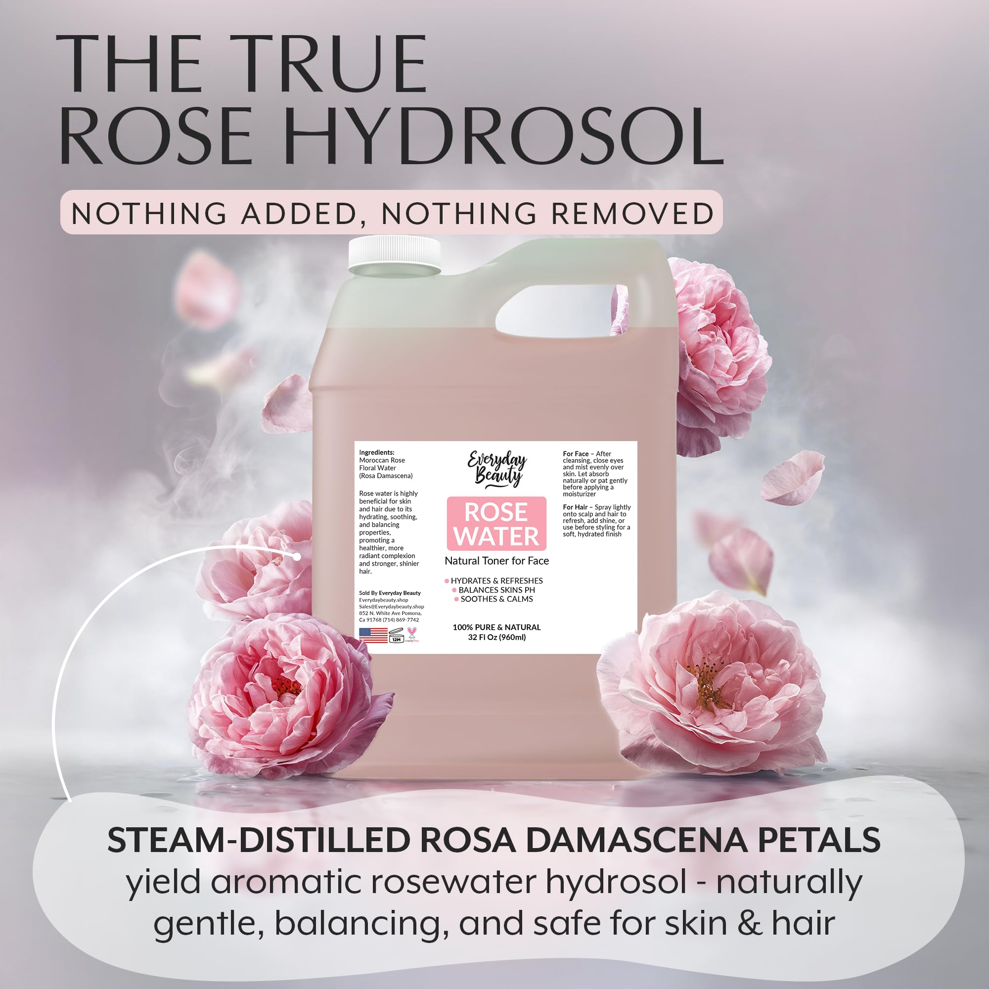 Rose Water Facial Toner - 32oz Bulk Alcohol-Free Vegan All Natural Refreshing for Face and Hair - Uplifts, Calming & Soothing for All Skin Types