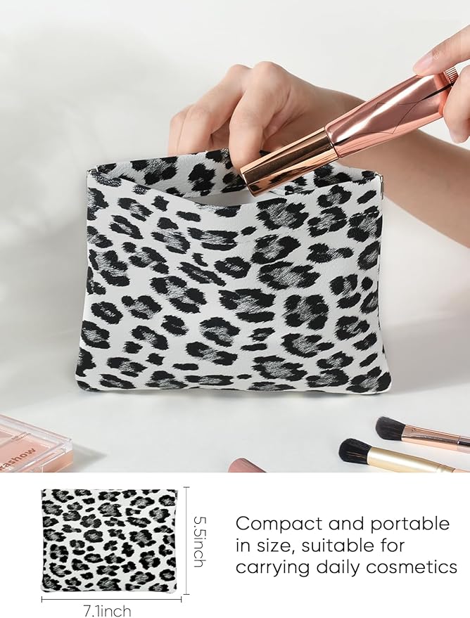 Ksriylm Leopard Leather Small Makeup Pouch for Women,Cosmetic Accessories,Waterproof and Portable Cosmetic Bag,Self-closing, No Zipper, Aesthetic Storage Pouch,Lipstick for Purse,White Black