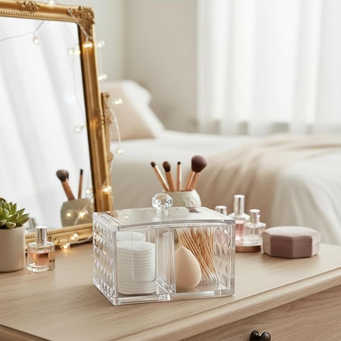 OYATON Cotton Swab Holder - Compact Bathroom Canister with Lid and 3 Compartments for Organizing Cotton Ball, Swab, Pad - Acrylic Bathroom Storage Jar Compatible with Q Tips